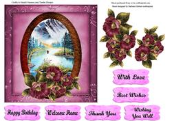 Dark Pink Scenic Mountain in Oval Frame