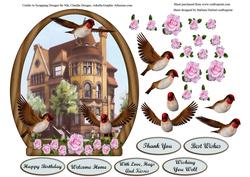 Old House with Rose and Bird Decoupage in Oval Window