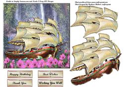 Scenic Ship at Waterfalls with Flowers and Decoupage