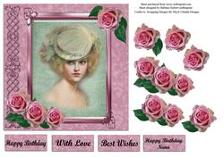 Portrait Lady Green in Glass Frame & Pink Rose Decoupage