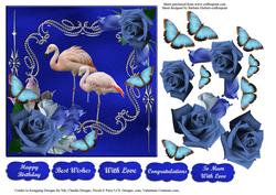 Pink Flamingos with Blue Rose and Butterfly Decoupage