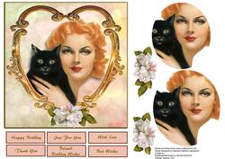 Black Cat and Lady Portrait with Pyramid and Decoupage Layer