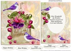 Fushia Flowers and Blue Birds Topper and Insert