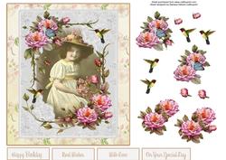 Girl Portrait with Wild Rose Frame and Decoupage