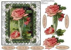 Vase with Pink Rose Topper with Decoupage