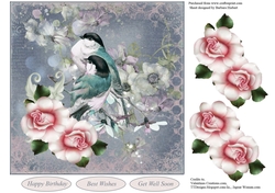 Birds Blue with Pink Rose Decoupage