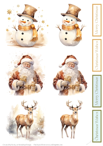 Golden Christmas 3 - Snowman, Santa and Reindeer Decoupage Sheet