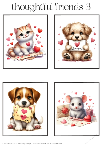 Valentines Thoughtful Animal Friends 3 - Toppers x 4 Sheet