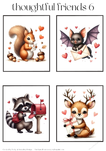 Valentines Thoughtful Animal Friends 6 - Toppers x 4 Sheet