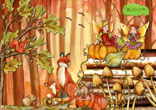Picture - Halloween - Fairies Sitting On Pumpkins