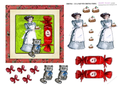 Christmas - Cat & Maid With Christmas Pudding
