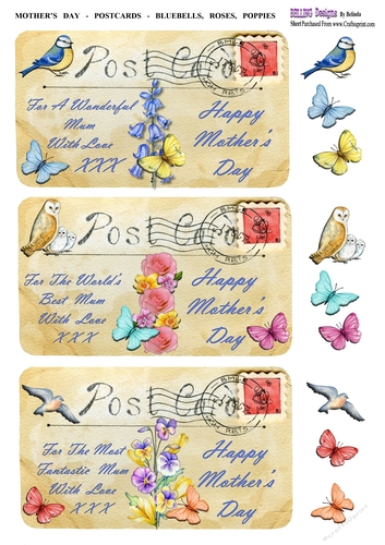 Mothers Day - Postcards - Bluebells, Roses, Pansies