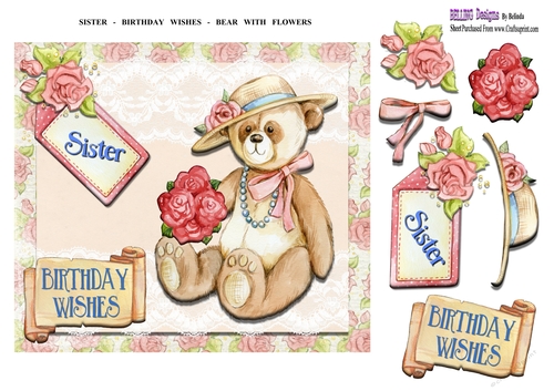 Sister - Birthday Wishes - Bear With Flowers