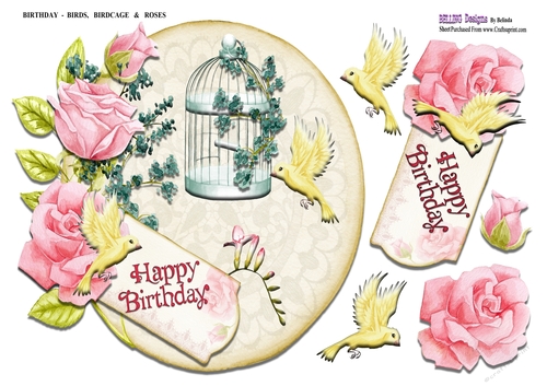 Birthday - Birds, Birdcage & Roses
