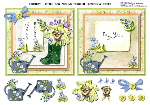 Birthday - Little Dog Peeking Through Flowers & Insert