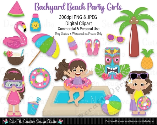 Backyard Beach Party Girls Digital Clip Art Set