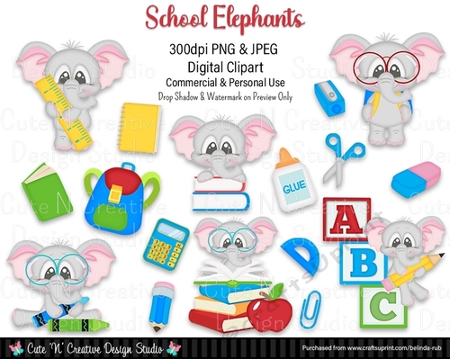 School Elephants Digital Clip Art Set