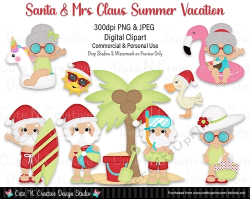 Santa and Mrs Claus Summer Vacation Digital Clip Art Set