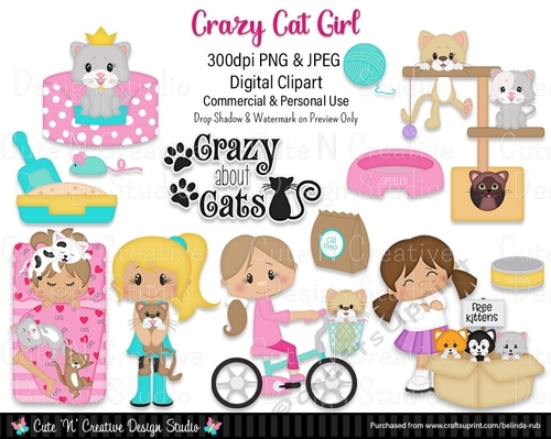 Crazy Cat Girl Digital Clip Art Set