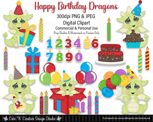 Happy Birthday Dragons Digital Clip Art Set