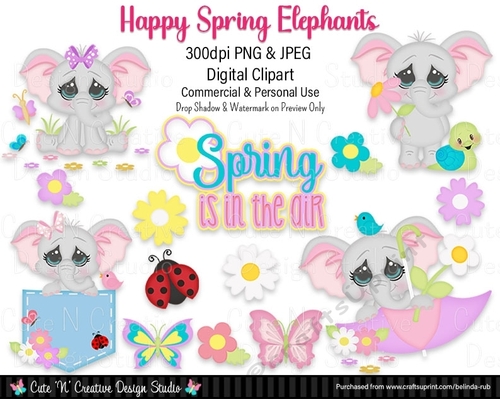 Happy Spring Elephants Digital Clip Art Set