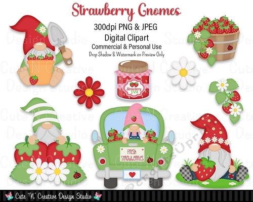 Strawberry Gnomes Digital Clip Art Set