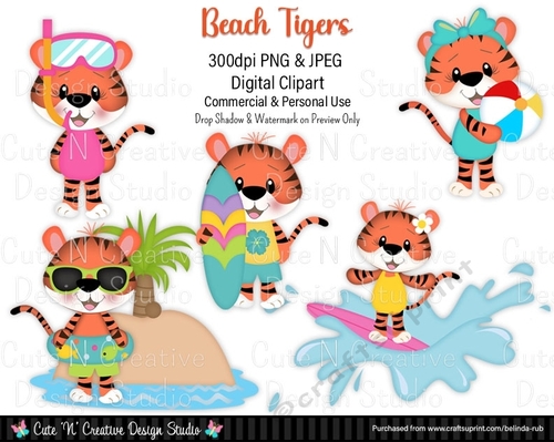 Beach Tigers Digital Clip Art Set