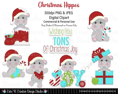 Christmas Hippos Digital Clip Art Set