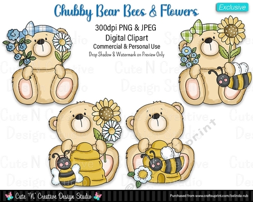 Chubby Bear Bees & Flowers Exclusive Digital Clip Art Set