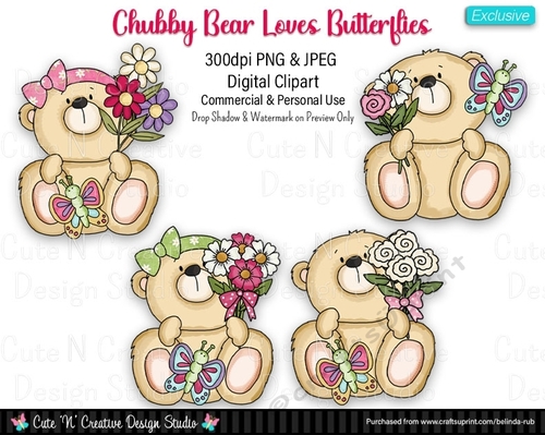 Chubby Bear Loves Butterflies Exclusive Digital Clip Art Set