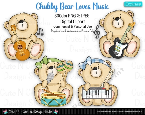Chubby Bear Loves Music  Exclusive Digital Clip Art Set