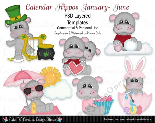Calendar Hippos January - June PSD Layered Templates