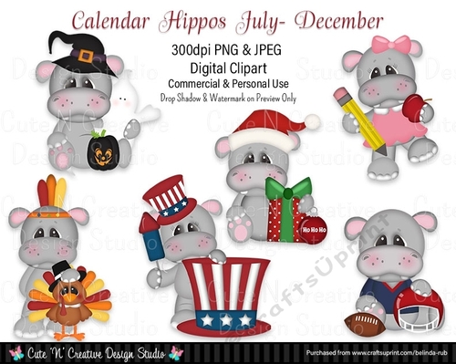 Calendar Hippos July - December Digital Clip Art Set