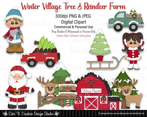 Winter Village Tree and Reindeer Farm Digital Clip Art Set