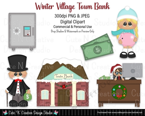 Winter Village Town Bank Digital Clip Art Set