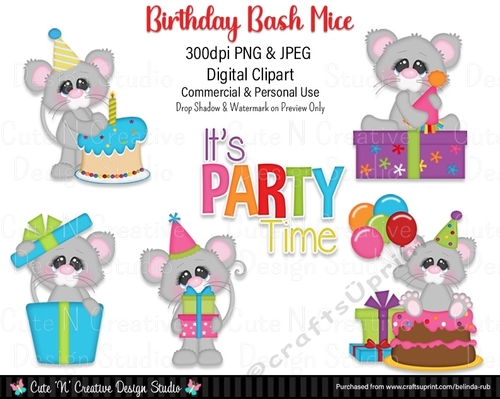Birthday Bash Mice Digital Clip Art Set
