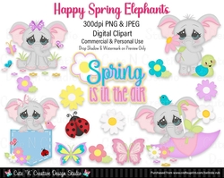 Happy Spring Elephants Digital Clip Art Set