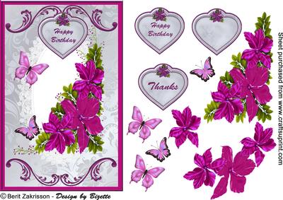 Cerise-red Flowers and Buterflies