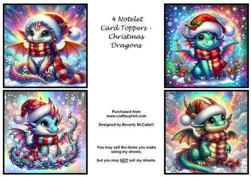 4 Christmas Fantasy Dragon Notelet Toppers