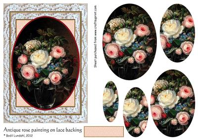 Antique Rose Painting on Lace Backing, Oval Pyramid