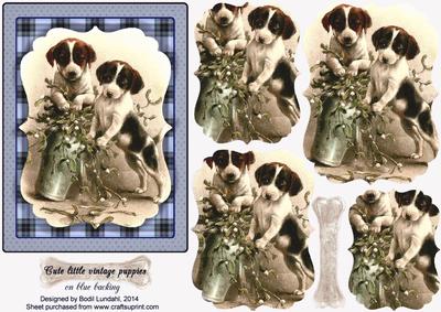Cute Little Vintage Puppies on Blue Backing