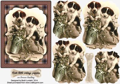 Cute Little Vintage Puppies on Brown Backing