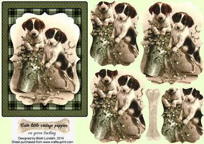Cute Little Vintage Puppies on Green Backing