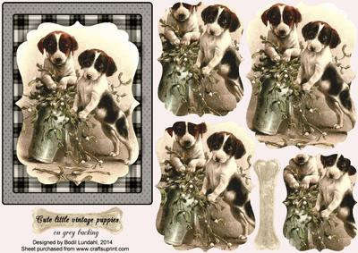 Cute Little Vintage Puppies on Grey Backing