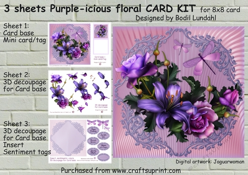 3 sheets Purple-icious floral CARD KIT