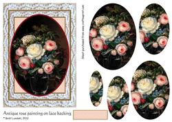 Antique Rose Painting on Lace Backing, Oval Pyramid