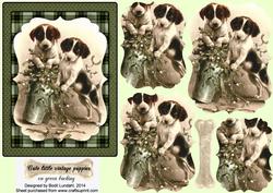 Cute Little Vintage Puppies on Green Backing