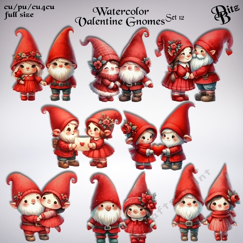 Watercolor Valentine Gnomes Set 12