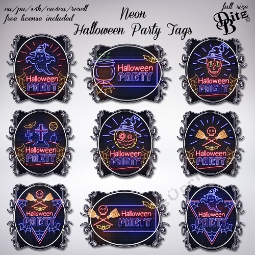 Neon Halloween Party Tags Set 1