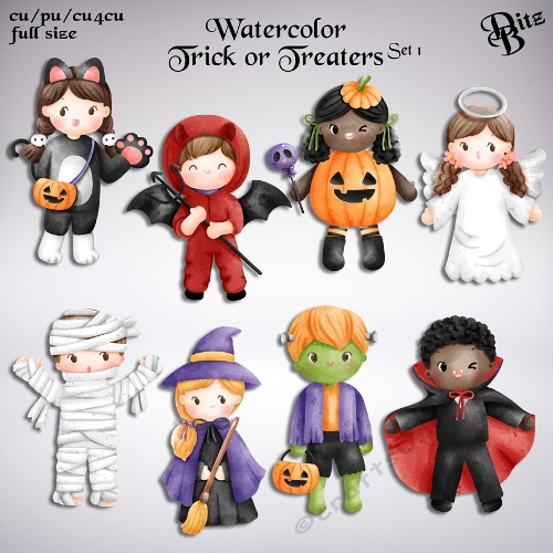 Watercolor Trick or Treaters Set 1
